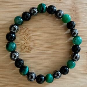 Triple Protection Obsidian, Hematite & Green Tiger Eye Stone Bracelet 7” Unisex